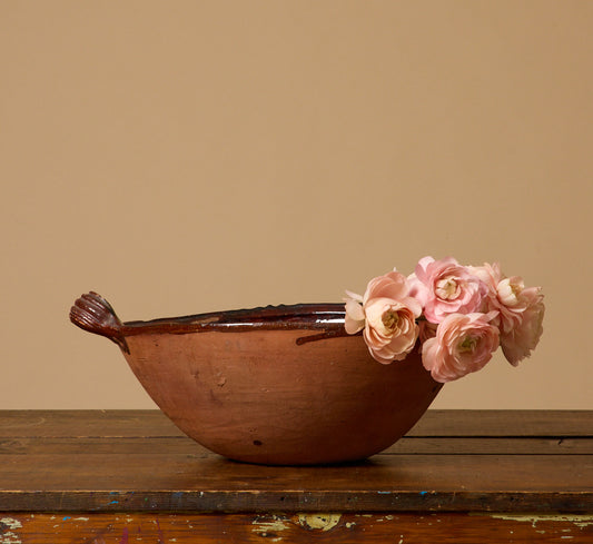 ANTIQUE REDWARE HANDLED SERVING BOWL