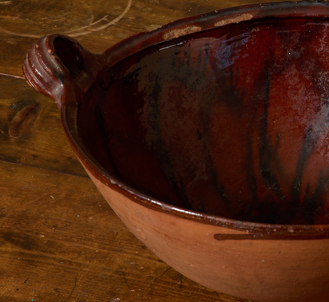 ANTIQUE REDWARE HANDLED SERVING BOWL