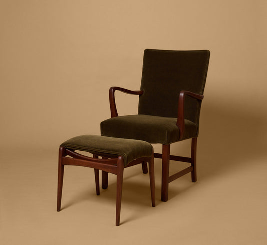 DANISH ARMCHAIR & OTTOMAN BY FRITZ HANSEN IN OLIVE MOHAIR