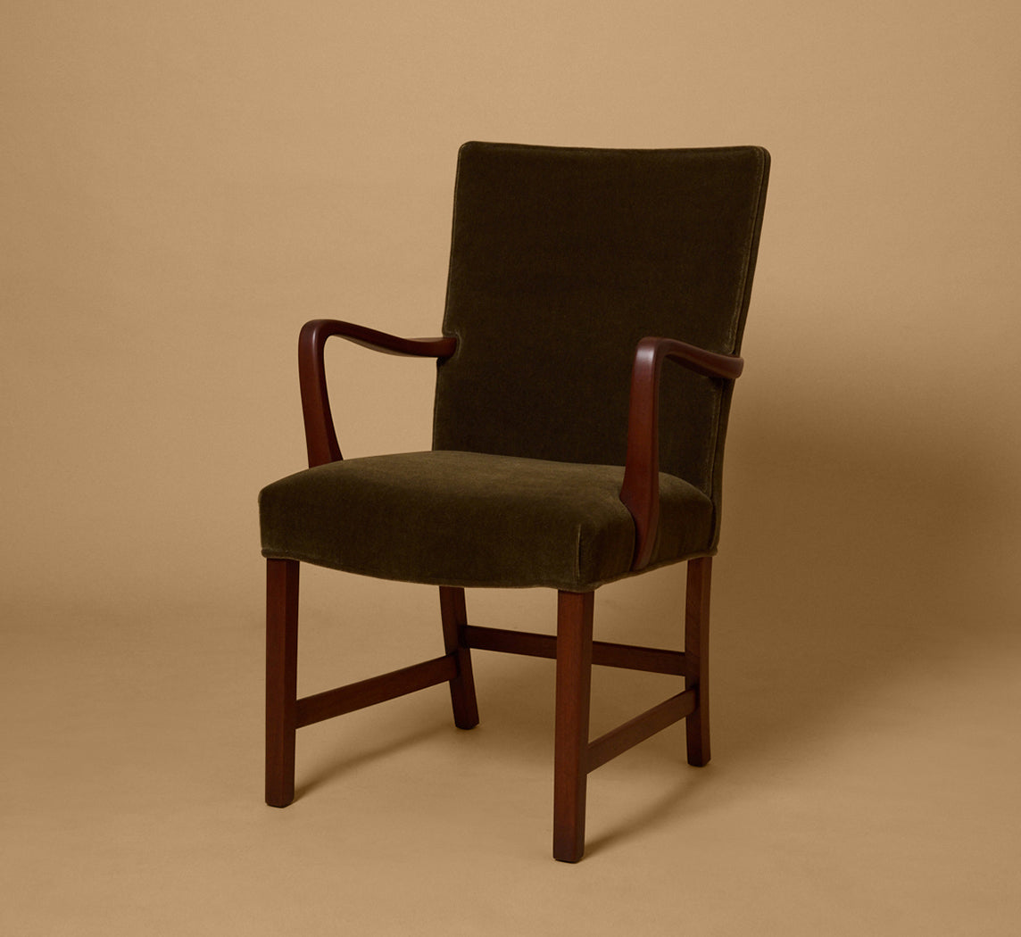 DANISH ARMCHAIR & OTTOMAN BY FRITZ HANSEN IN OLIVE MOHAIR