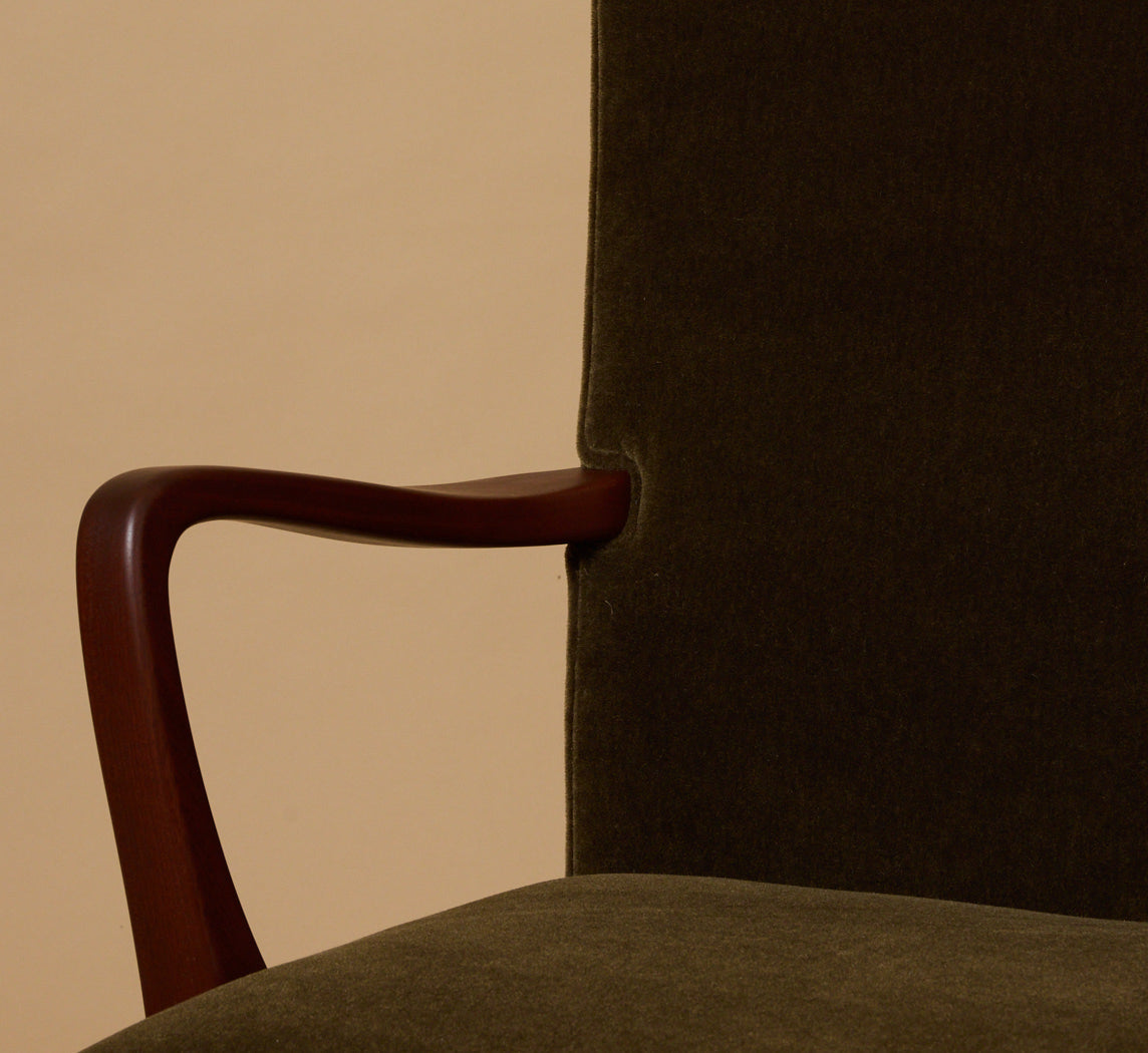 DANISH ARMCHAIR & OTTOMAN BY FRITZ HANSEN IN OLIVE MOHAIR