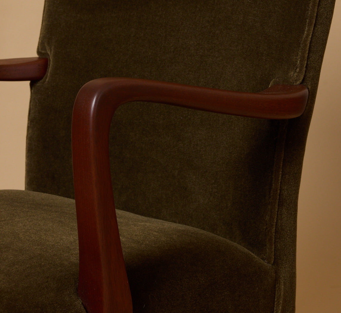 DANISH ARMCHAIR & OTTOMAN BY FRITZ HANSEN IN OLIVE MOHAIR