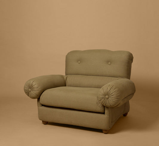 MID CENTURY ITALIAN ARM CHAIR IN P&W EUCALYPTUS LINEN
