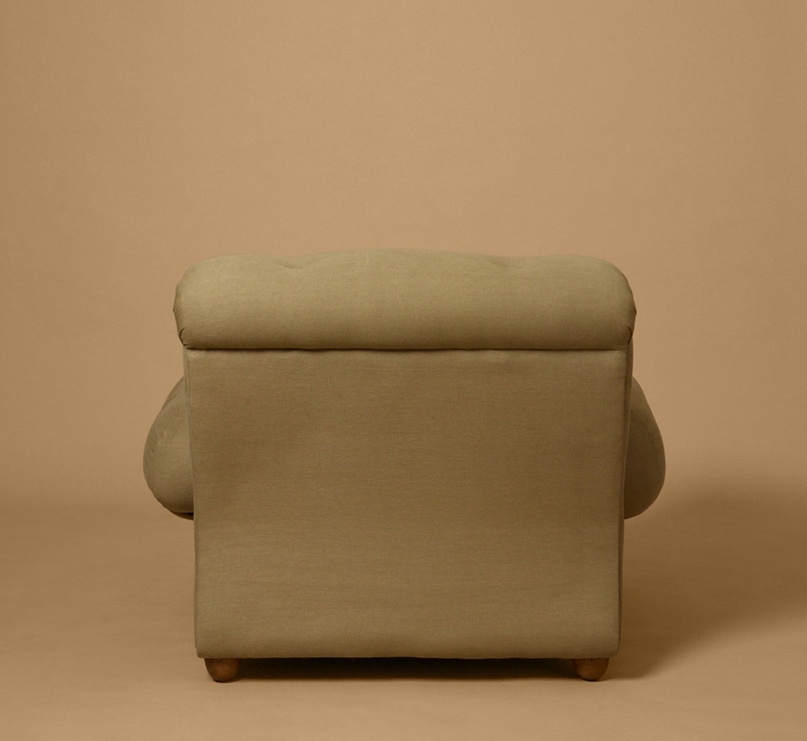 MID CENTURY ITALIAN ARM CHAIR IN P&W EUCALYPTUS LINEN