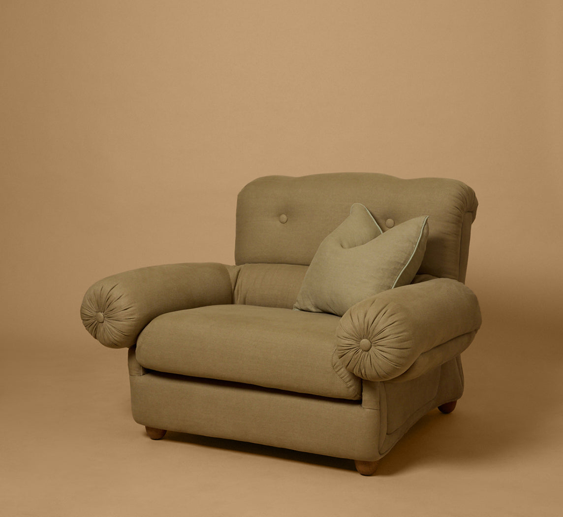 MID CENTURY ITALIAN ARM CHAIR IN P&W EUCALYPTUS LINEN