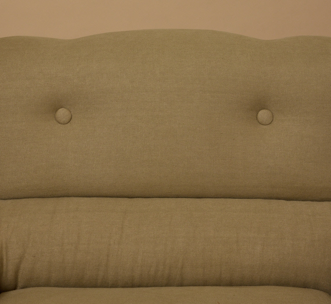 MID CENTURY ITALIAN ARM CHAIR IN P&W EUCALYPTUS LINEN