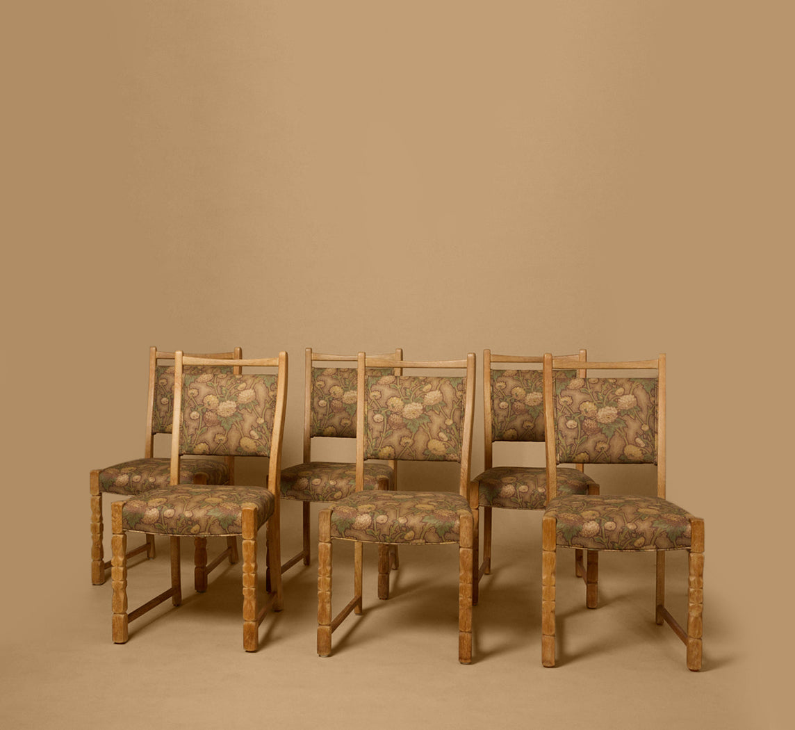 SET OF 6 DANISH OAK DINING CHAIRS BY HENNING KJAERNULF IN PIERCE & WARD CHRYSANTHEMUM