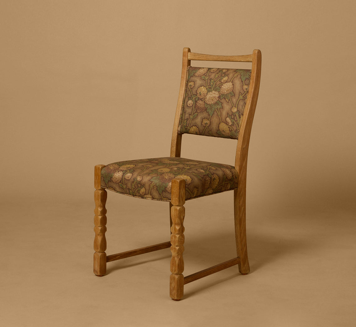 SET OF 6 DANISH OAK DINING CHAIRS BY HENNING KJAERNULF IN PIERCE & WARD CHRYSANTHEMUM