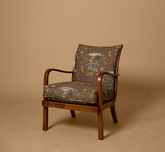 PAIR OF 1930S ITALIAN WALNUT ARMCHAIRS IN PIERCE & WARD EASTERN GARDEN RAMBLE