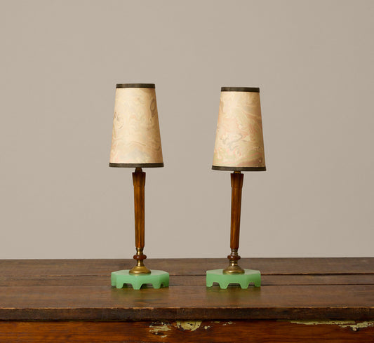 PAIR OF 1930S ART DECO BAKELITE & JADEITE TABLE LAMPS WITH SUMINAGASHI SHADES