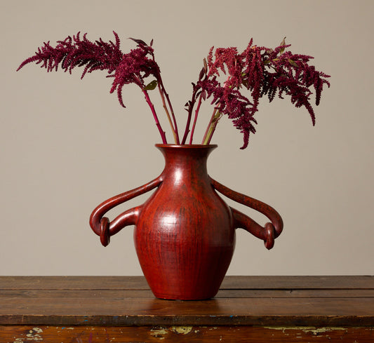 1930S SCULPTURAL RED GLAZED STONEWARE VASE