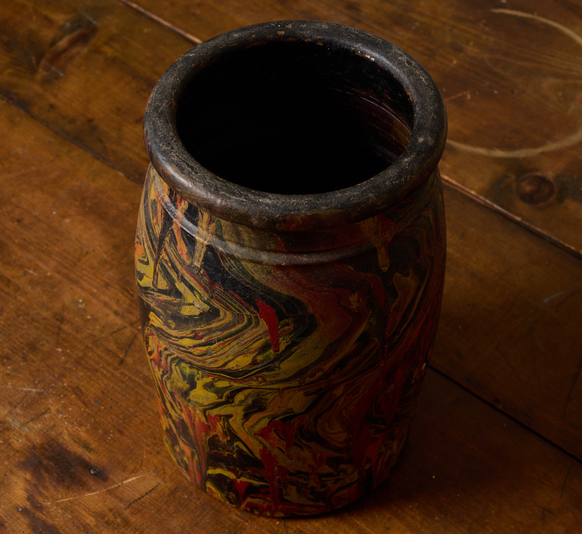 ANTIQUE YELLOW & RED DRIP GLAZED JAR