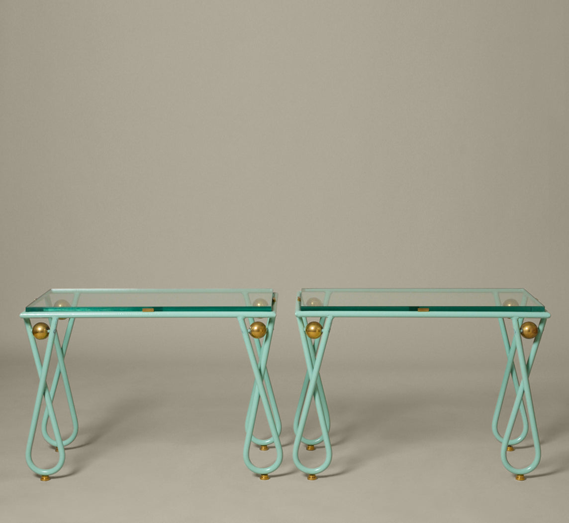 PAINTED IRON AND BRASS END TABLE IN THE MANNER OF JEAN ROYERE