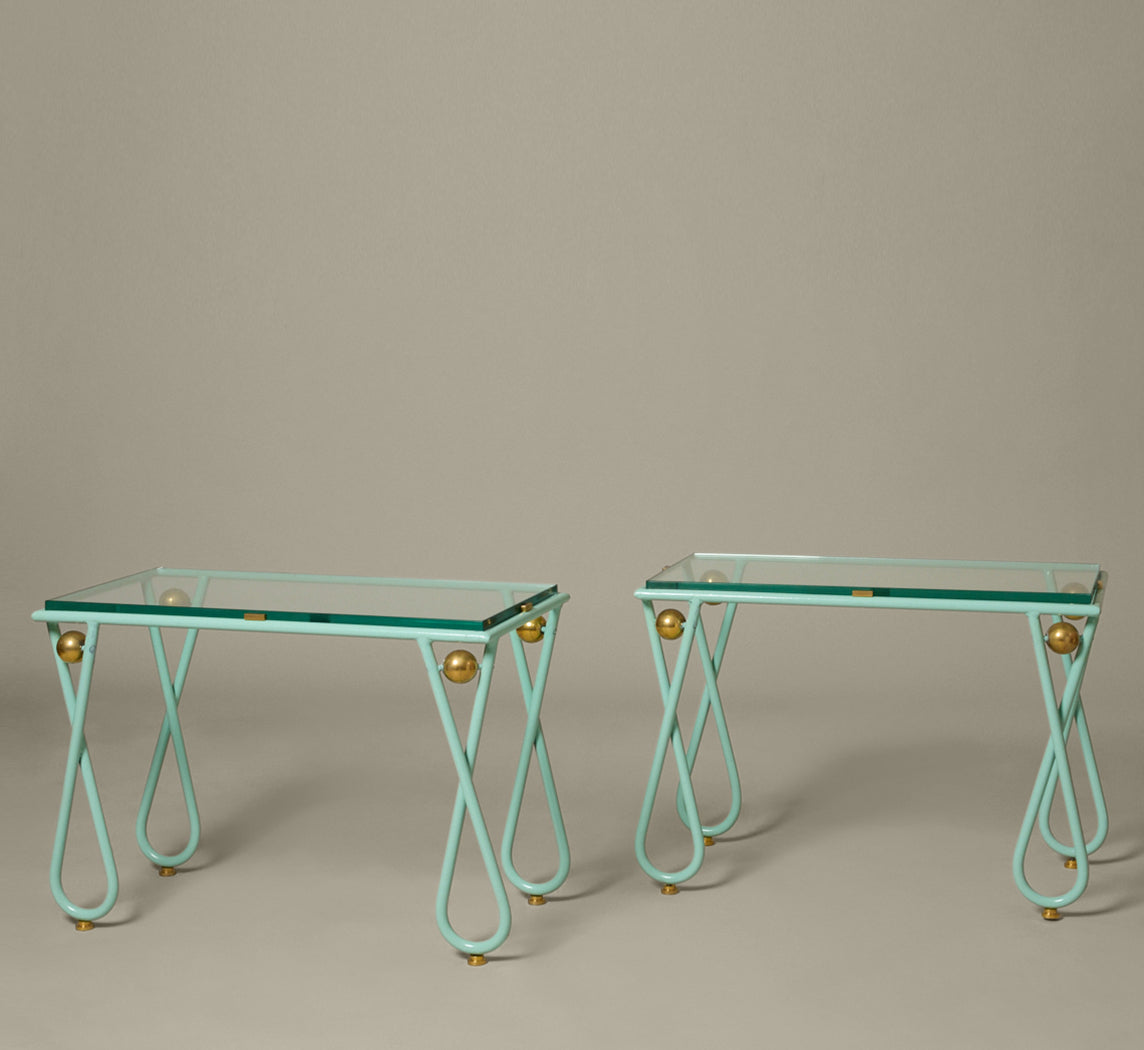 PAINTED IRON AND BRASS END TABLE IN THE MANNER OF JEAN ROYERE