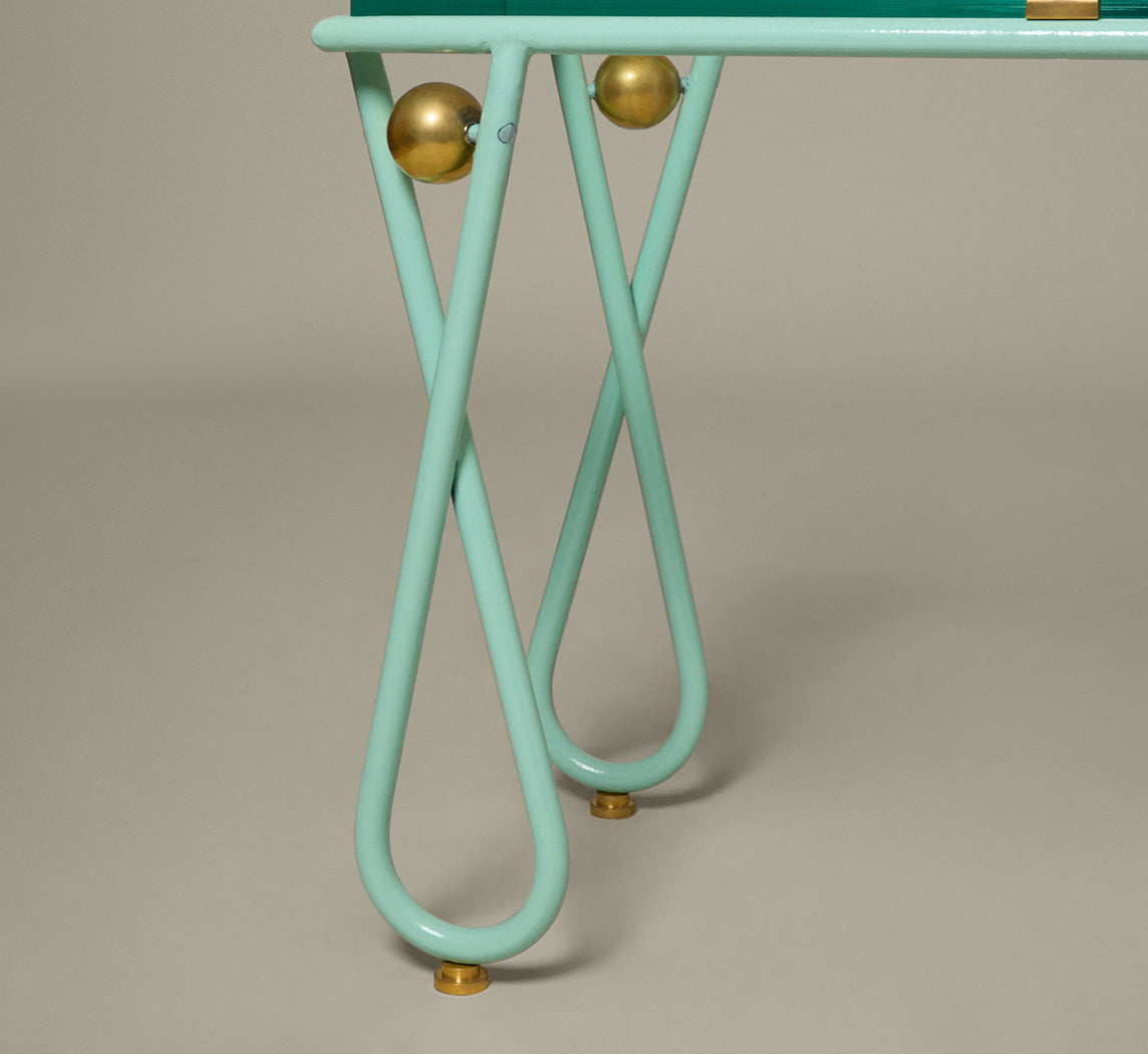 PAINTED IRON AND BRASS END TABLE IN THE MANNER OF JEAN ROYERE