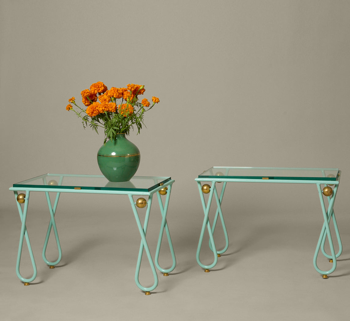 PAINTED IRON AND BRASS END TABLE IN THE MANNER OF JEAN ROYERE