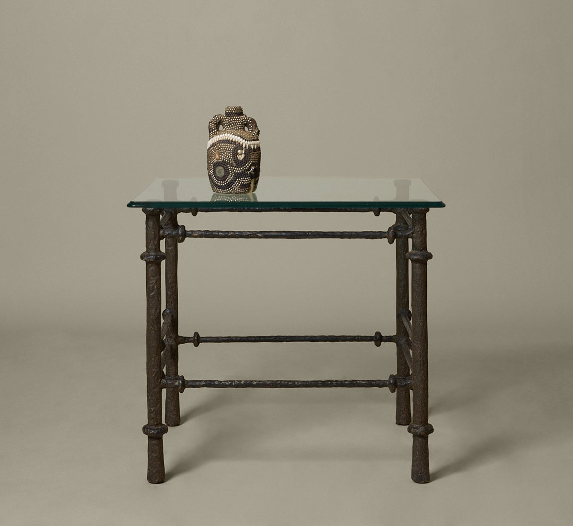 BRUTALIST IRON SIDE TABLE WITH GLASS TOP