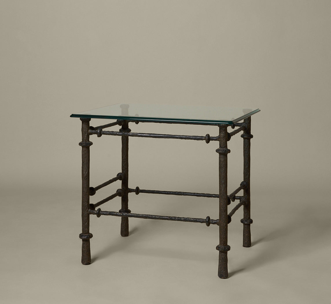 BRUTALIST IRON SIDE TABLE WITH GLASS TOP