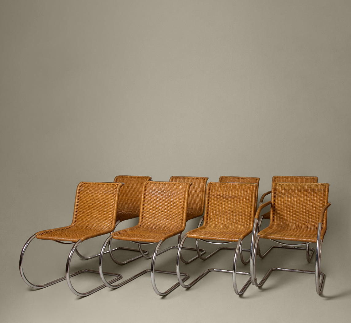 SET OF 8 CANE & CHROME CANTILEVER CHAIRS ATTR. TO MIES VAN DER ROHE