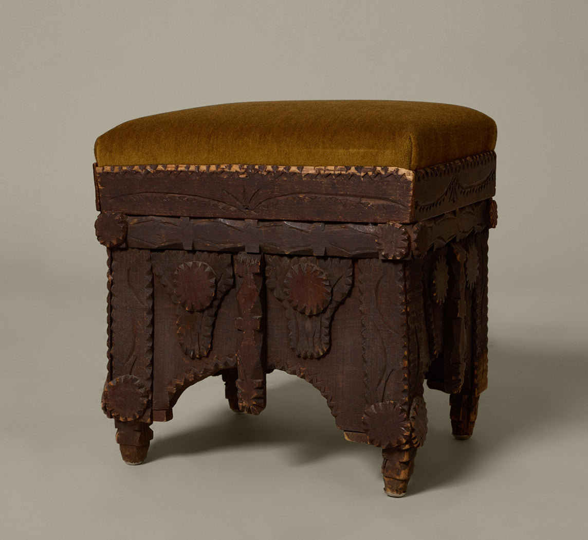 ANTIQUE TRAMP ART UPHOLSTERED FOOTSTOOL