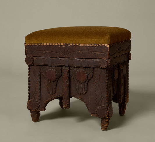 ANTIQUE TRAMP ART UPHOLSTERED FOOTSTOOL