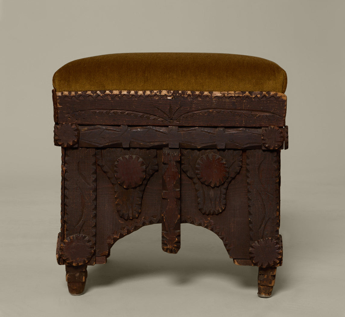 ANTIQUE TRAMP ART UPHOLSTERED FOOTSTOOL