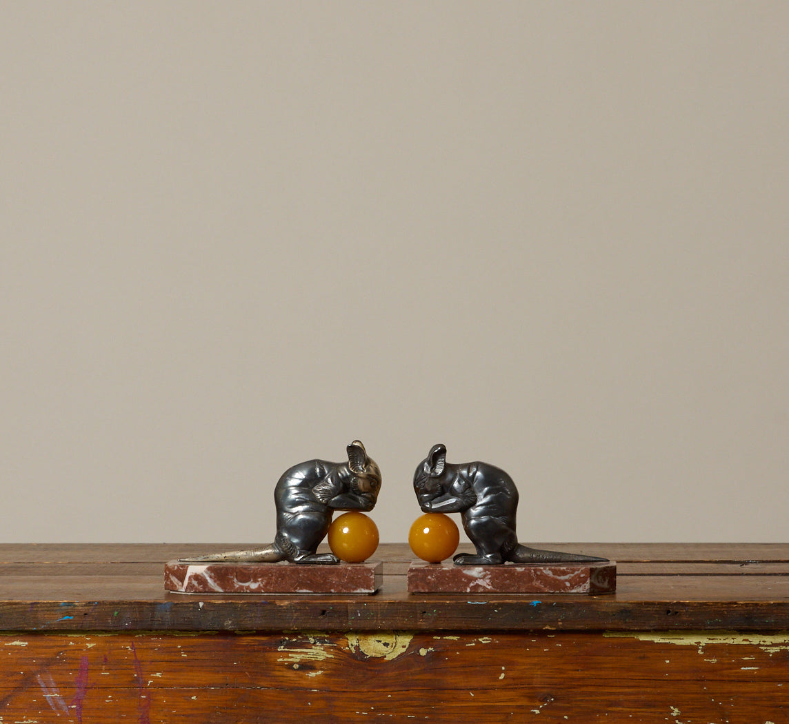 1930S FRENCH ART DECO MOUSE BOOKENDS BY HIPPOLYTE MOREAUA