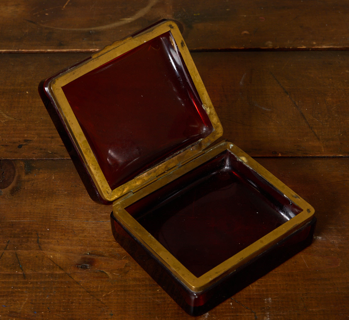 1940S FRENCH GLASS & BRASS JEWELRY BOX