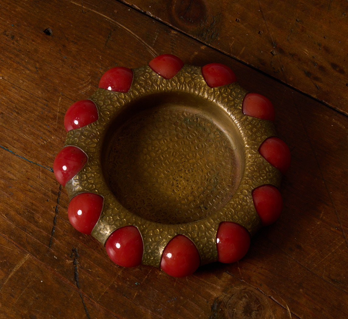 FISHER JEWELRY BRASS TRAY WITH RED MARBLE