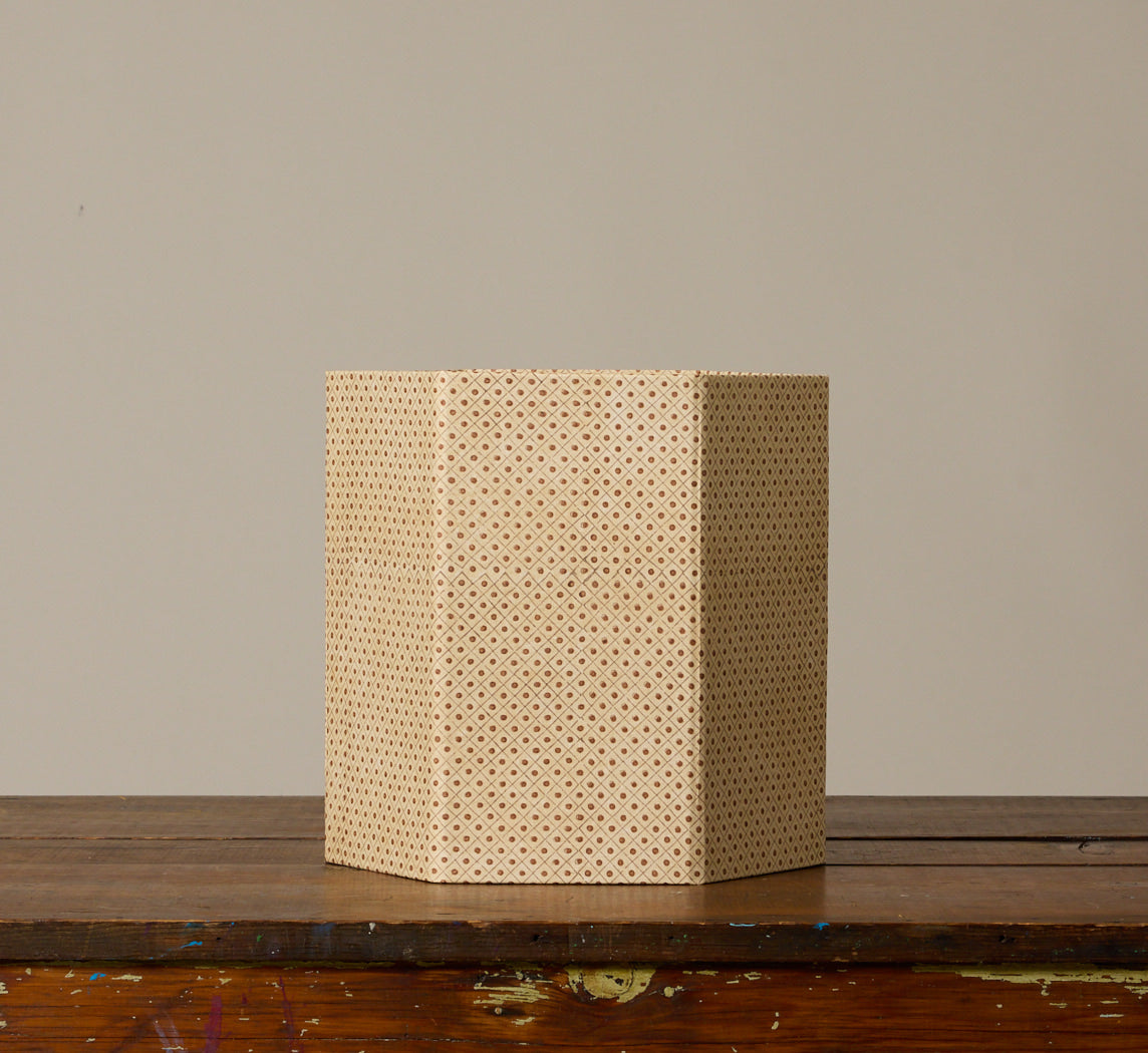 BLOCK PRINTED DOT & GRID HEXAGON COLLAPSIBLE BASKET IN OCHER