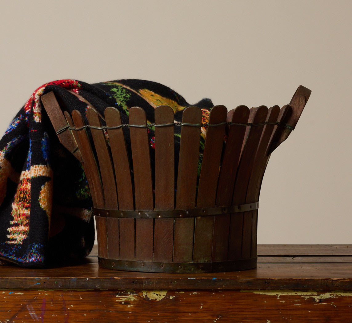 ANTIQUE SLATTED WOOD BASKET WITH HANDLES
