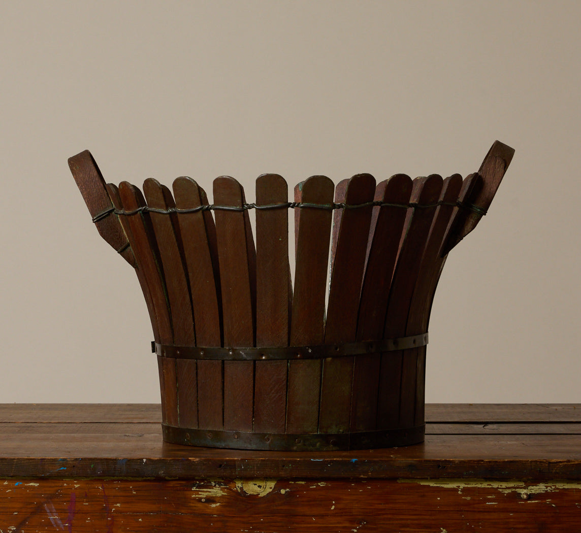 ANTIQUE SLATTED WOOD BASKET WITH HANDLES