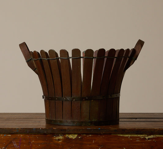ANTIQUE SLATTED WOOD BASKET WITH HANDLES