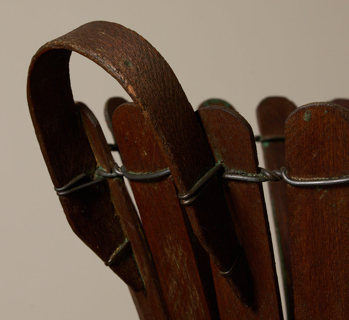 ANTIQUE SLATTED WOOD BASKET WITH HANDLES