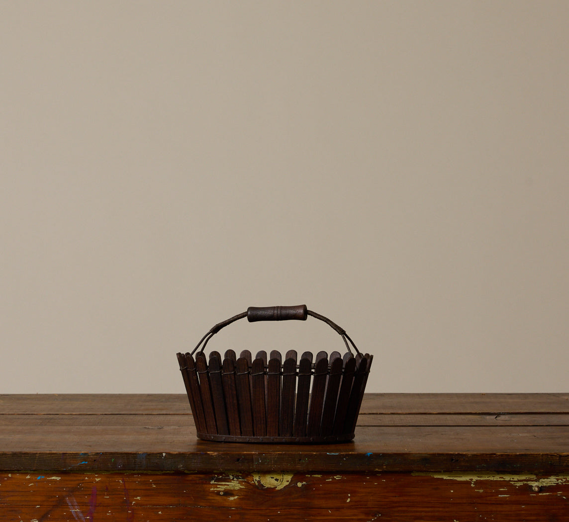 ANTIQUE PETITE SLATTED WOOD BASKET WITH HANDLES