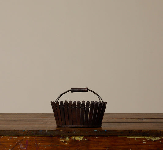 ANTIQUE PETITE SLATTED WOOD BASKET WITH HANDLES
