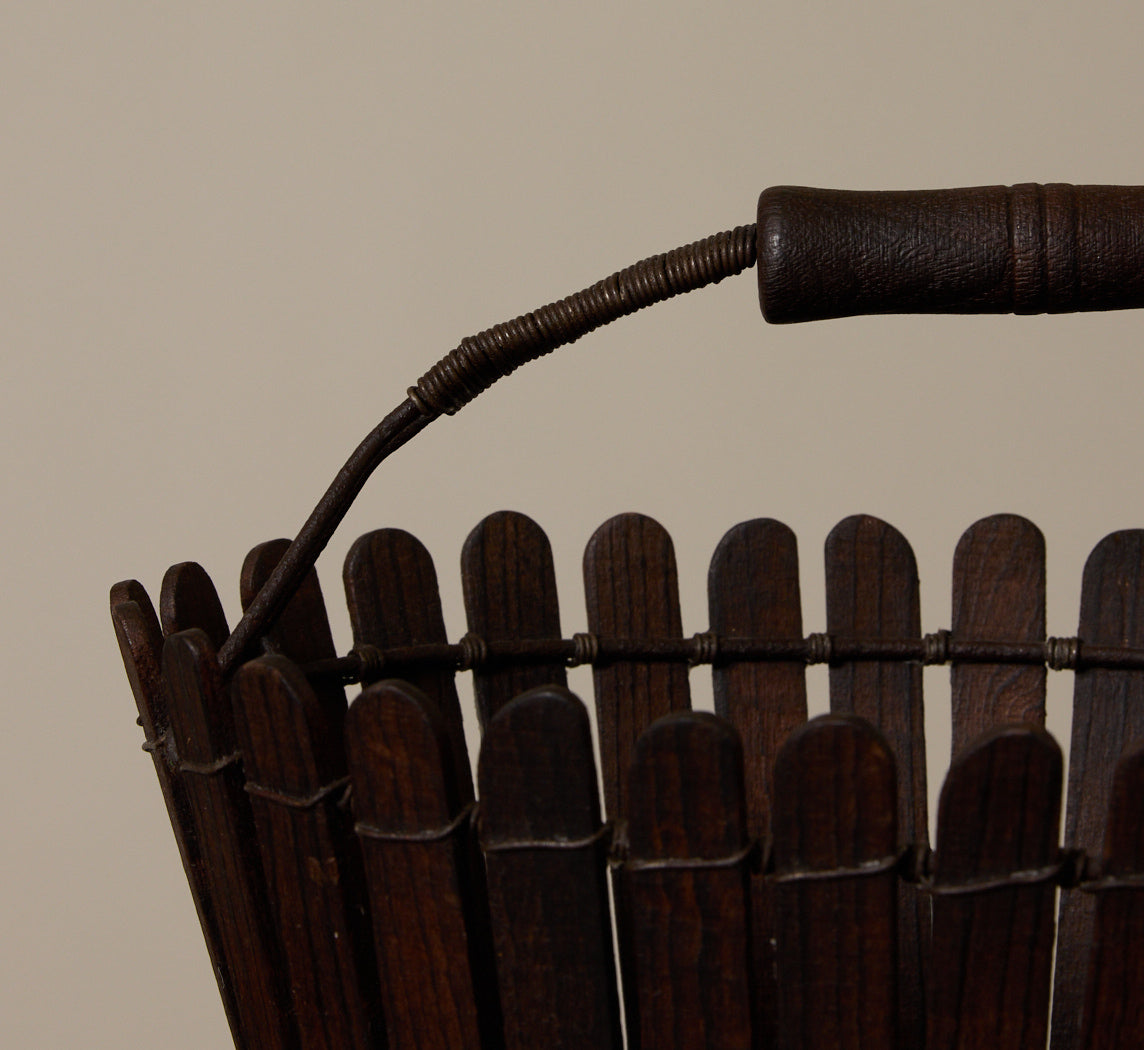 ANTIQUE PETITE SLATTED WOOD BASKET WITH HANDLES