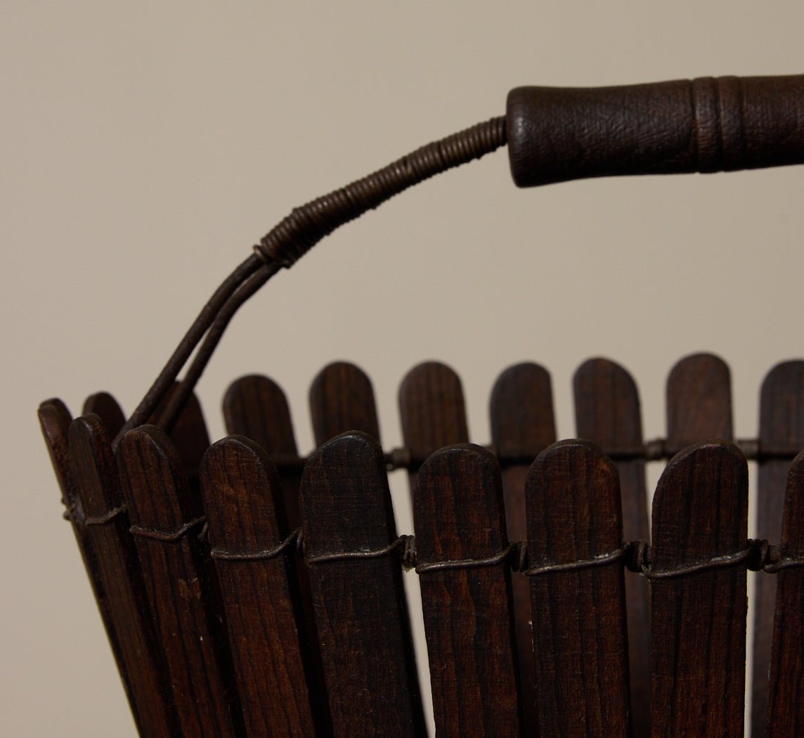 ANTIQUE PETITE SLATTED WOOD BASKET WITH HANDLES