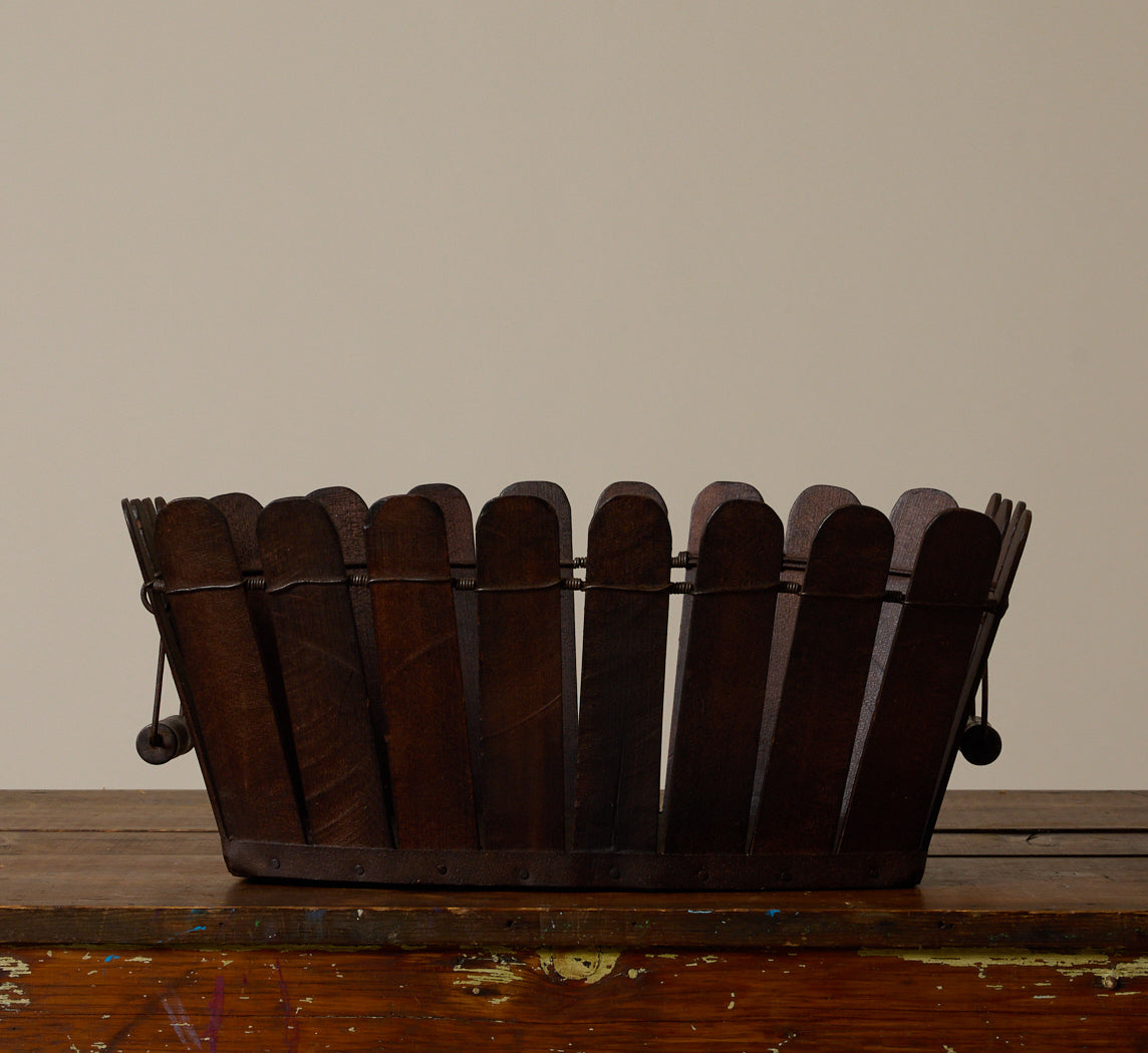 ANTIQUE SLATTED WOOD BASKET WITH HANDLES I