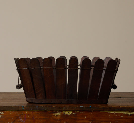 ANTIQUE SLATTED WOOD BASKET WITH HANDLES I