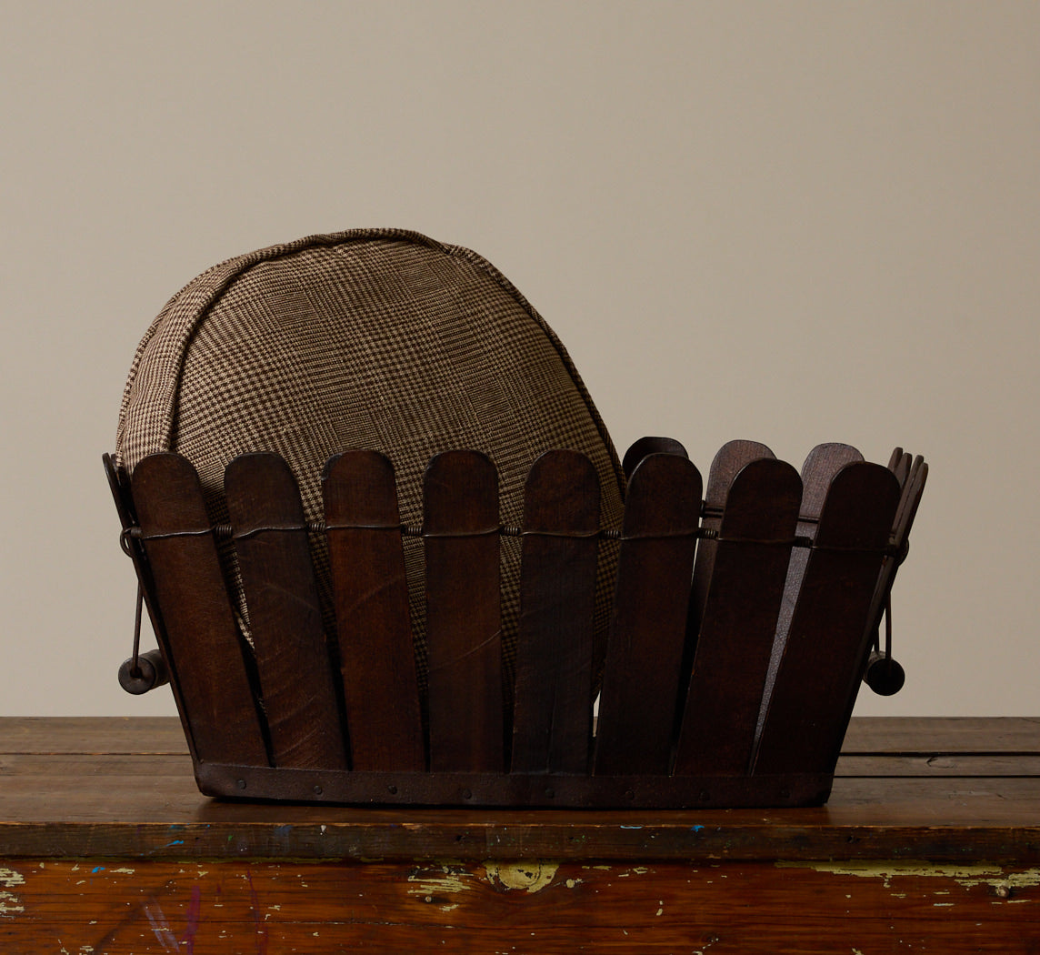 ANTIQUE SLATTED WOOD BASKET WITH HANDLES I