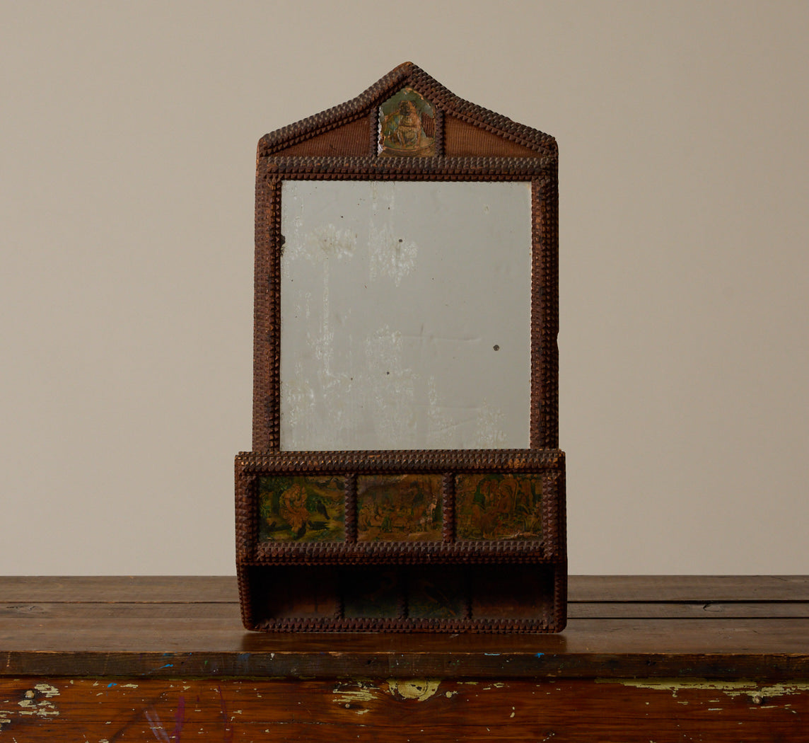 LATE 19TH CENTURY TRAMP ART WALL MIRROR WITH LITHOGRAPH SCENES