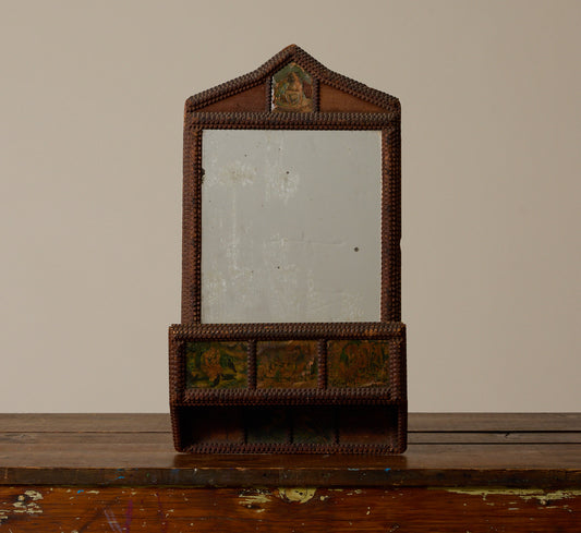 LATE 19TH CENTURY TRAMP ART WALL MIRROR WITH LITHOGRAPH SCENES