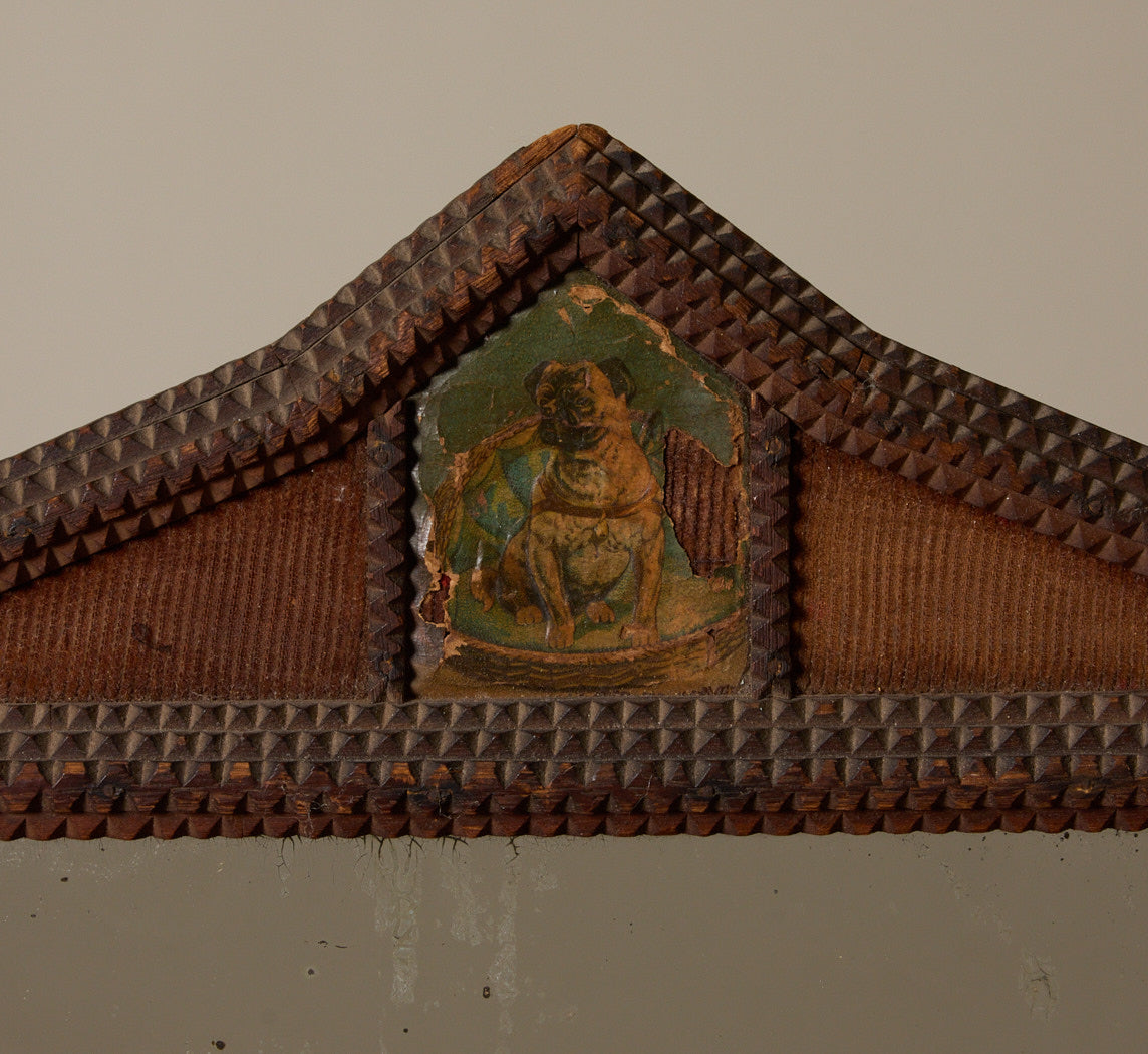 LATE 19TH CENTURY TRAMP ART WALL MIRROR WITH LITHOGRAPH SCENES