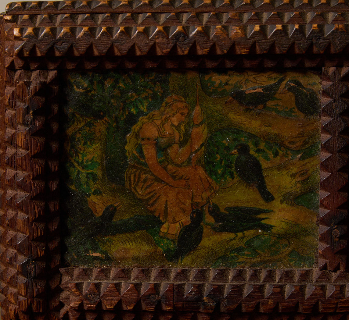 LATE 19TH CENTURY TRAMP ART WALL MIRROR WITH LITHOGRAPH SCENES