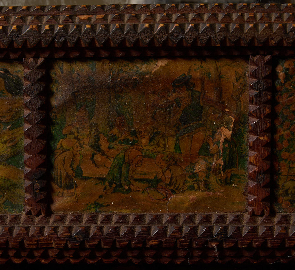 LATE 19TH CENTURY TRAMP ART WALL MIRROR WITH LITHOGRAPH SCENES