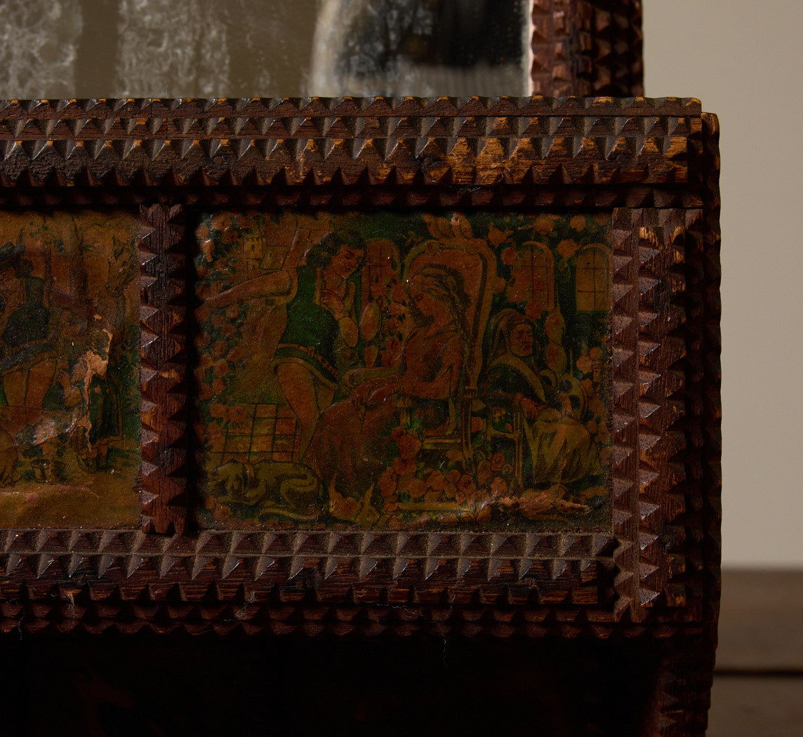 LATE 19TH CENTURY TRAMP ART WALL MIRROR WITH LITHOGRAPH SCENES