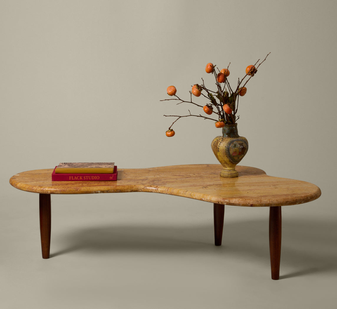 MARBLE & WOOD BIMORPHIC COFFEE TABLE IN THE STYLE OF T.H. ROBSJOHN-GIBBINGS