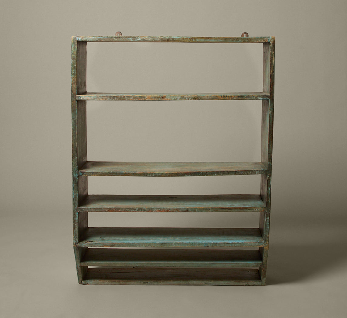 19TH CENTURY PRIMITIVE GREEN PAINTED WALL SHELF