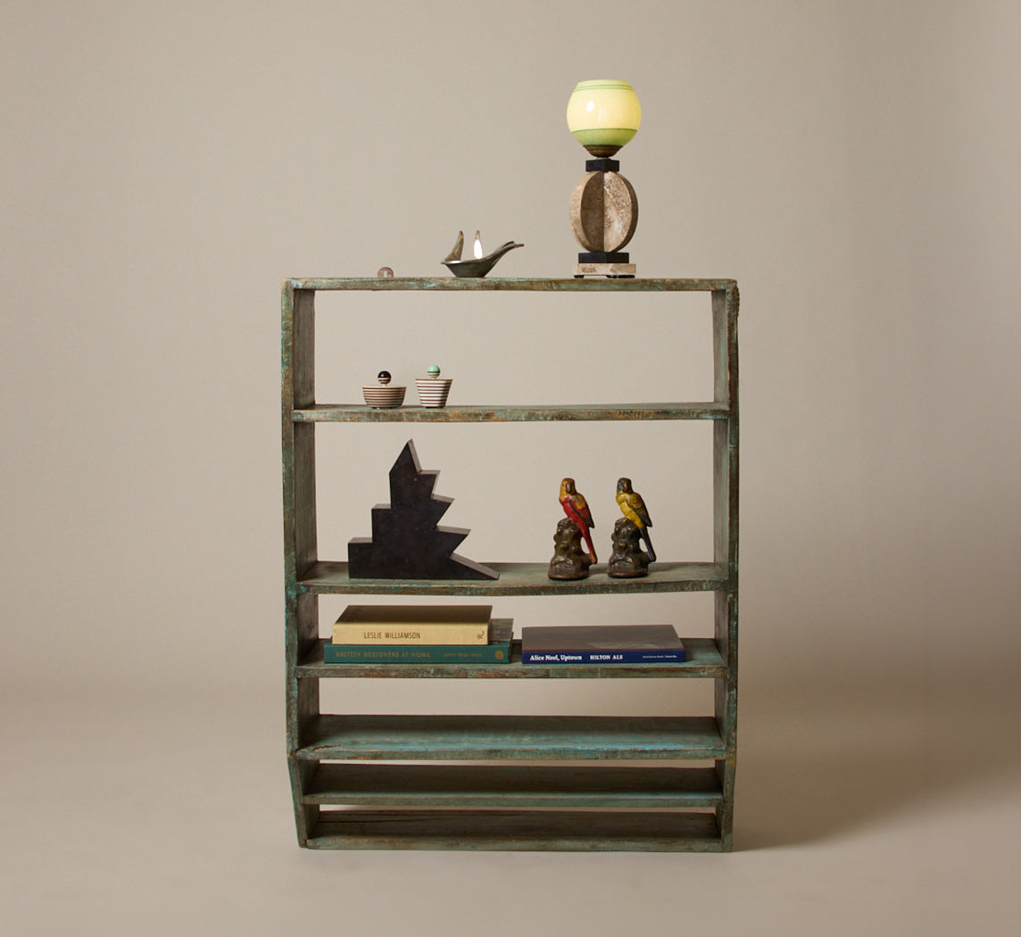 19TH CENTURY PRIMITIVE GREEN PAINTED WALL SHELF